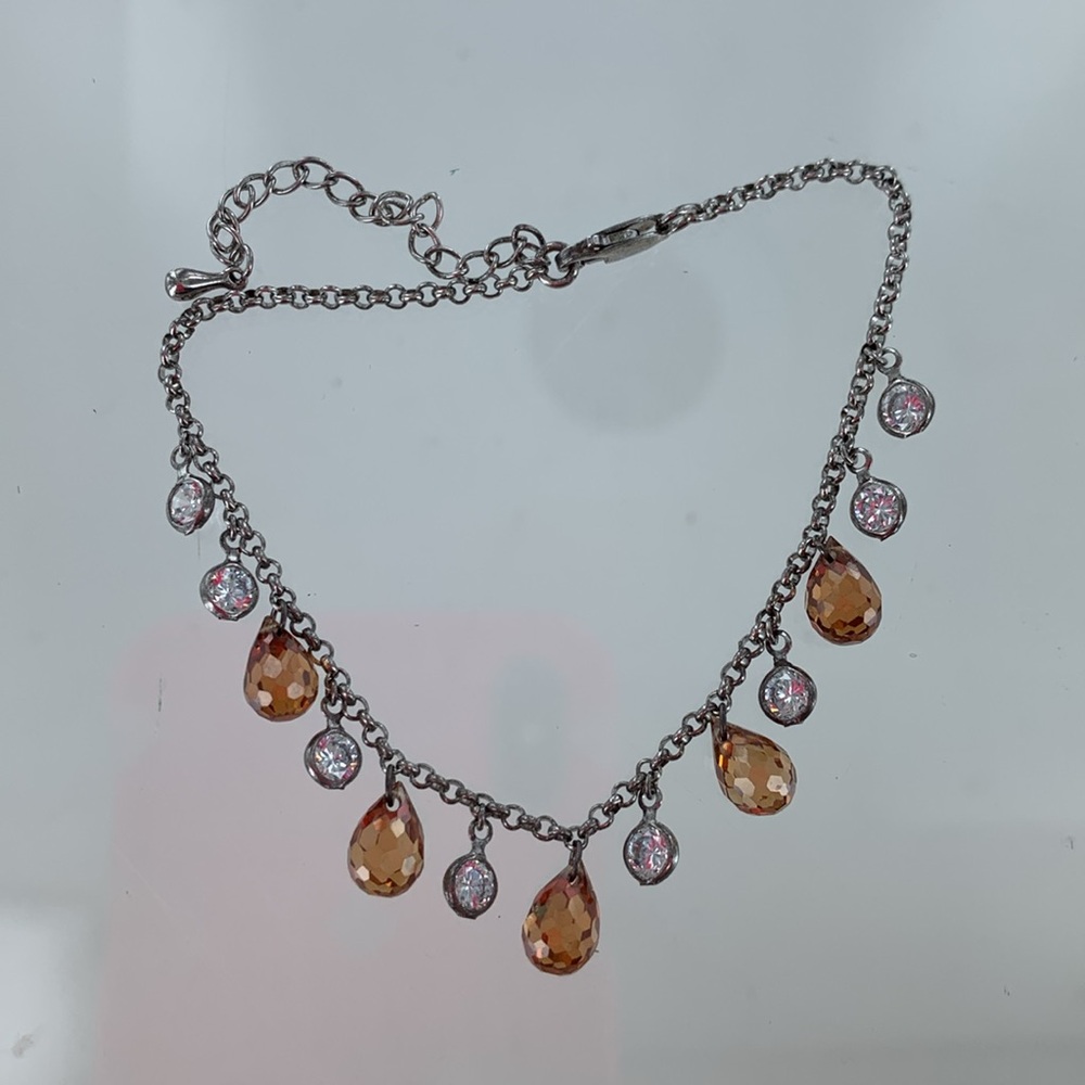 Sterling Silver Chain with CZ and Orange Briolette Bracelet